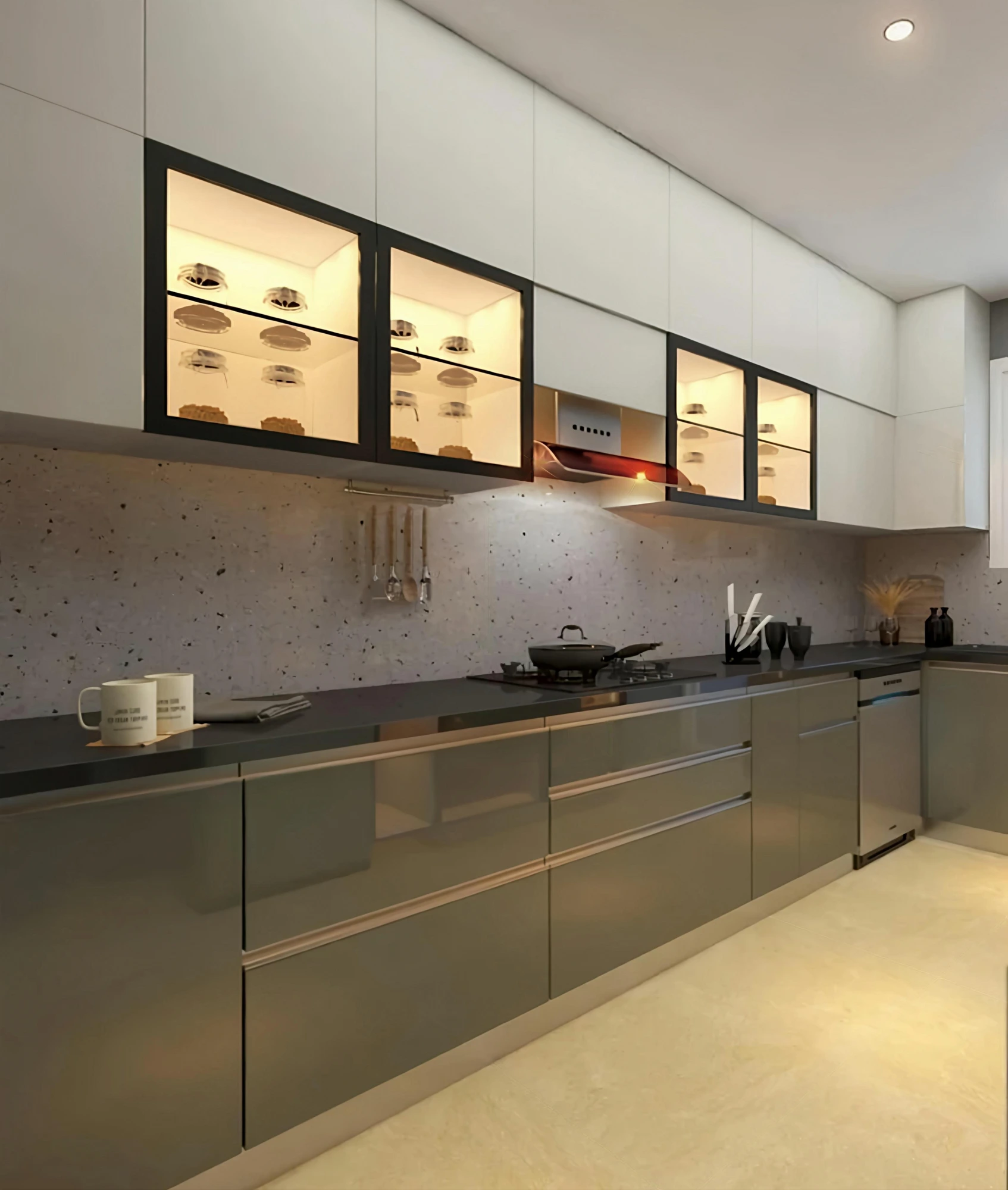 Grey kitchen with backlit glass display cabinets