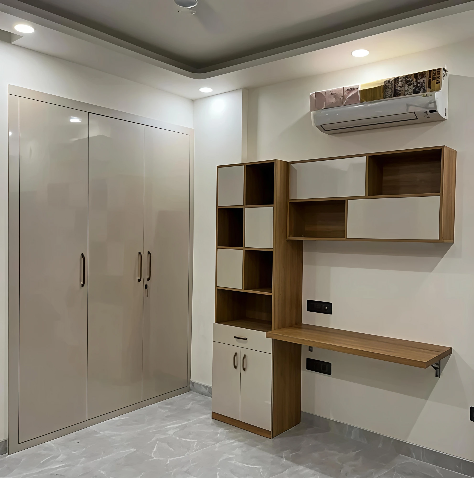 Glossy wardrobe with study desk and wall shelves