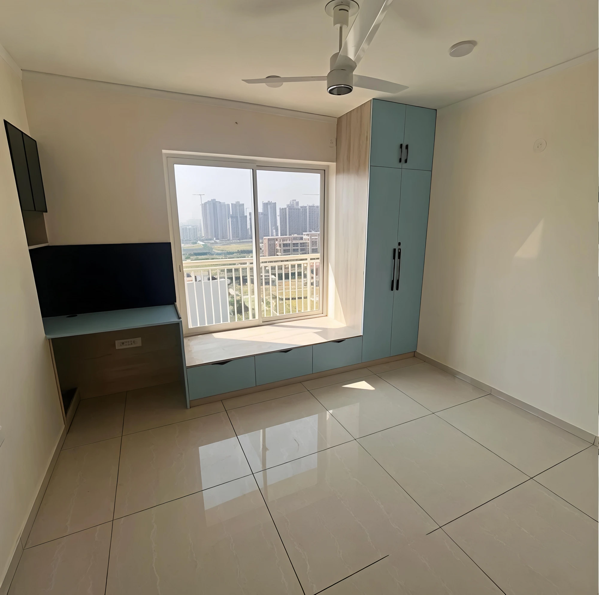 Bedroom with window seat, study desk and wardrobe
