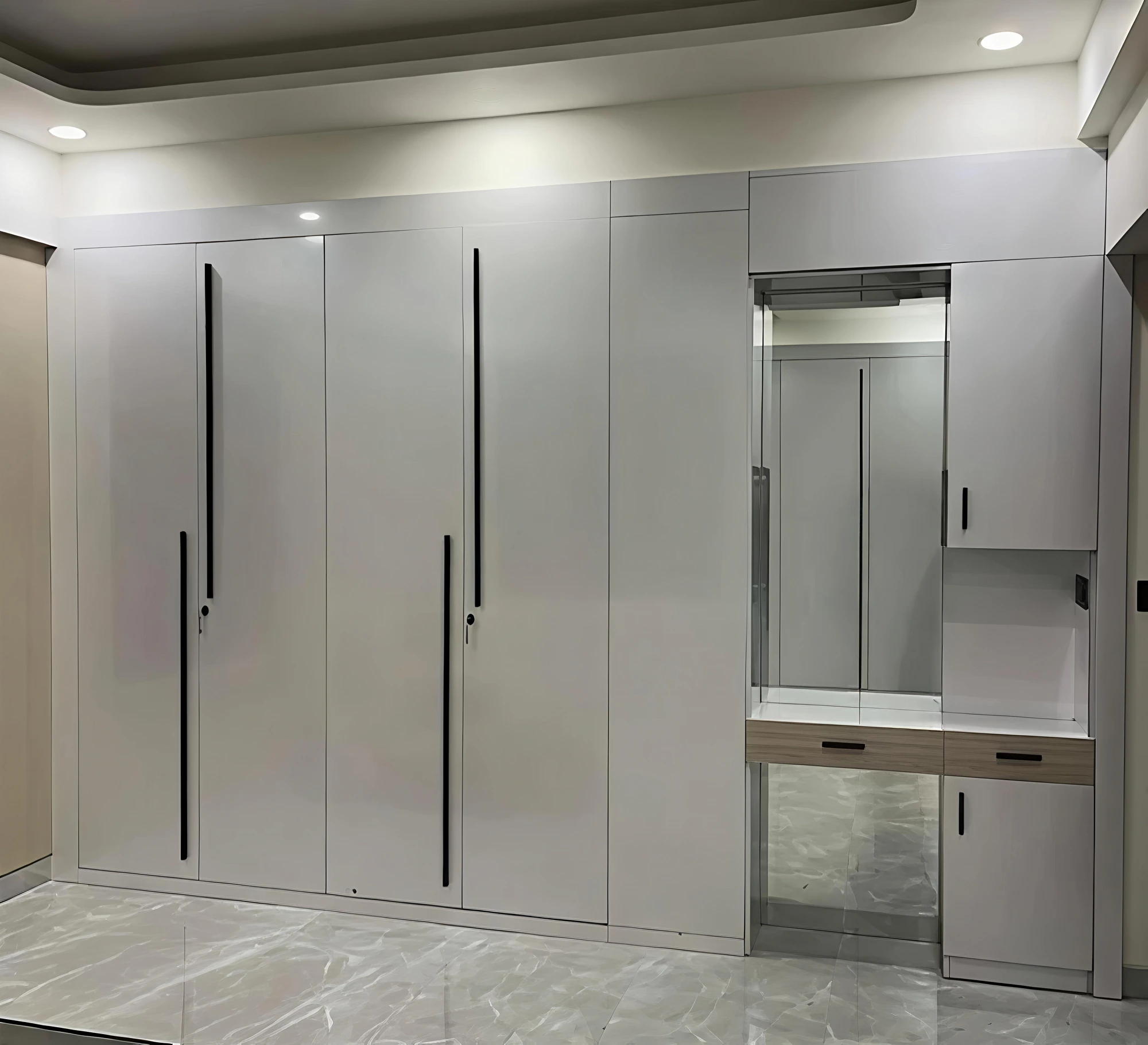 Light grey full-wall wardrobe with mirrored dresser